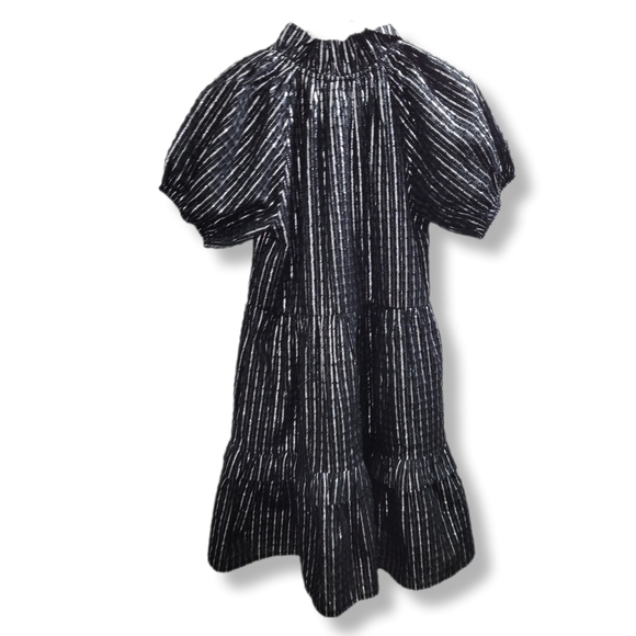 Duffield Lane Black Metallic Stripes Tiered Puff Sleeve Whimsygoth Holiday Dress - Picture 3 of 13